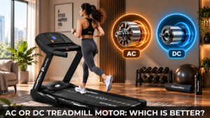 Indian woman running on a PowerMax treadmill with AC and DC motor icons highlighting a treadmill motor comparison.