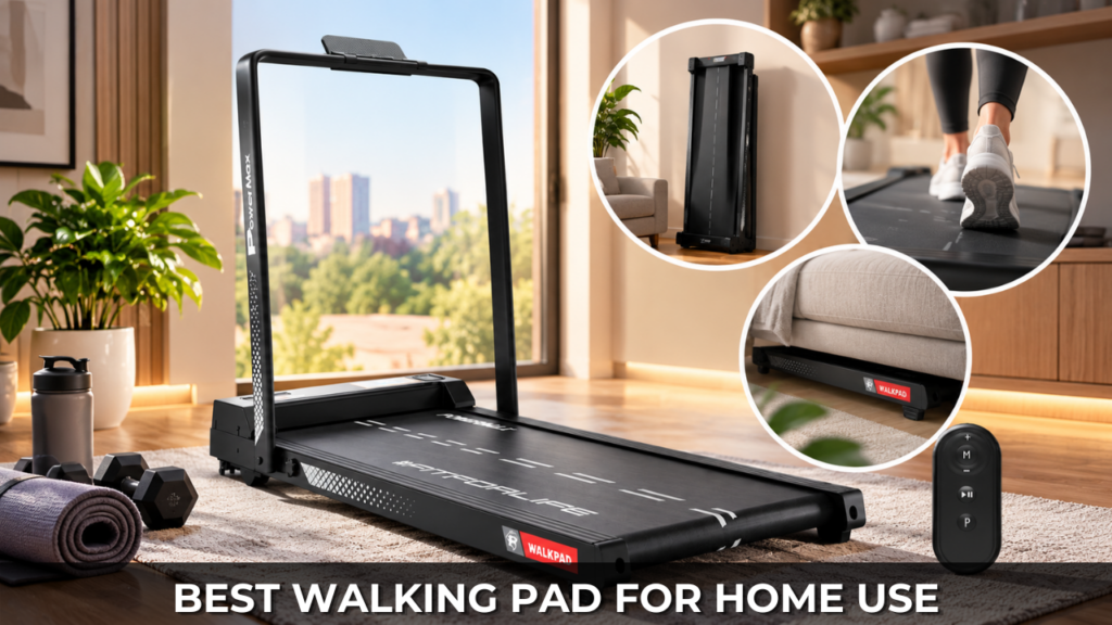 Best walking pad for home use in India featuring a compact PowerMax walking pad treadmill with remote control, space-saving storage design and indoor walking features for small apartments.