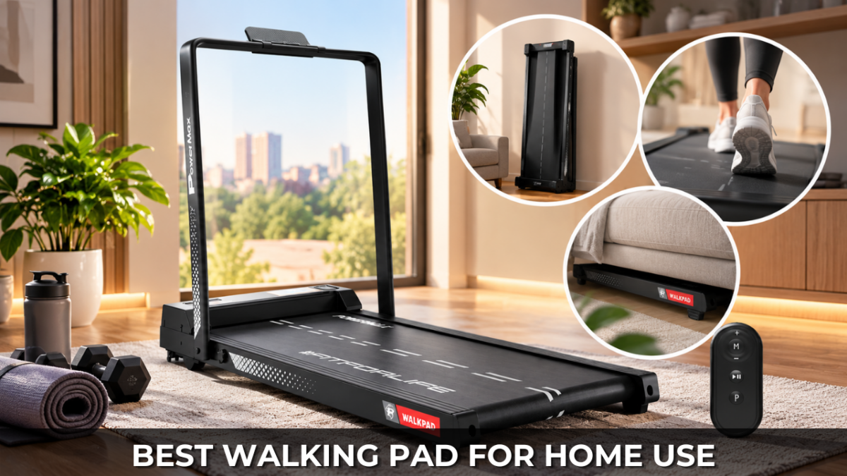 Best walking pad for home use in India featuring a compact PowerMax walking pad treadmill with remote control, space-saving storage design and indoor walking features for small apartments.