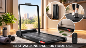 Best walking pad for home use in India featuring a compact PowerMax walking pad treadmill with remote control, space-saving storage design and indoor walking features for small apartments.